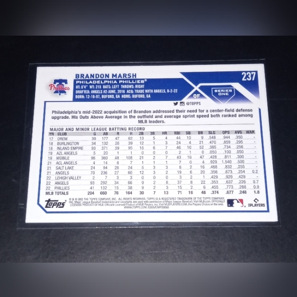 Brandon Marsh Future Stars Parallel Topps Series One 2023 #237 - Picture 2 of 2